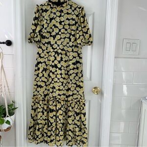 Donna Morgan Black Dress Yellow Roses Maxi Dress high neck puff sleeves Sz 12P